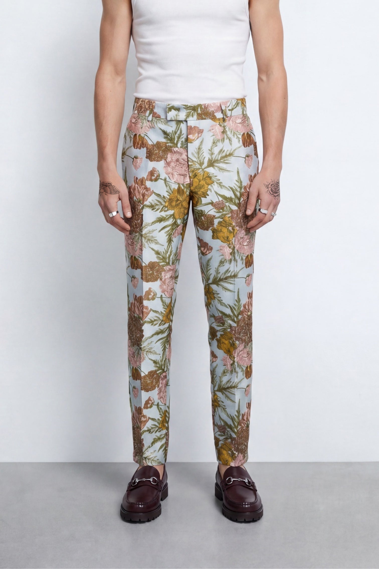 Hirshfield Slim Fit Floral Pink Silver Jacquard Pant — Twisted Tailor