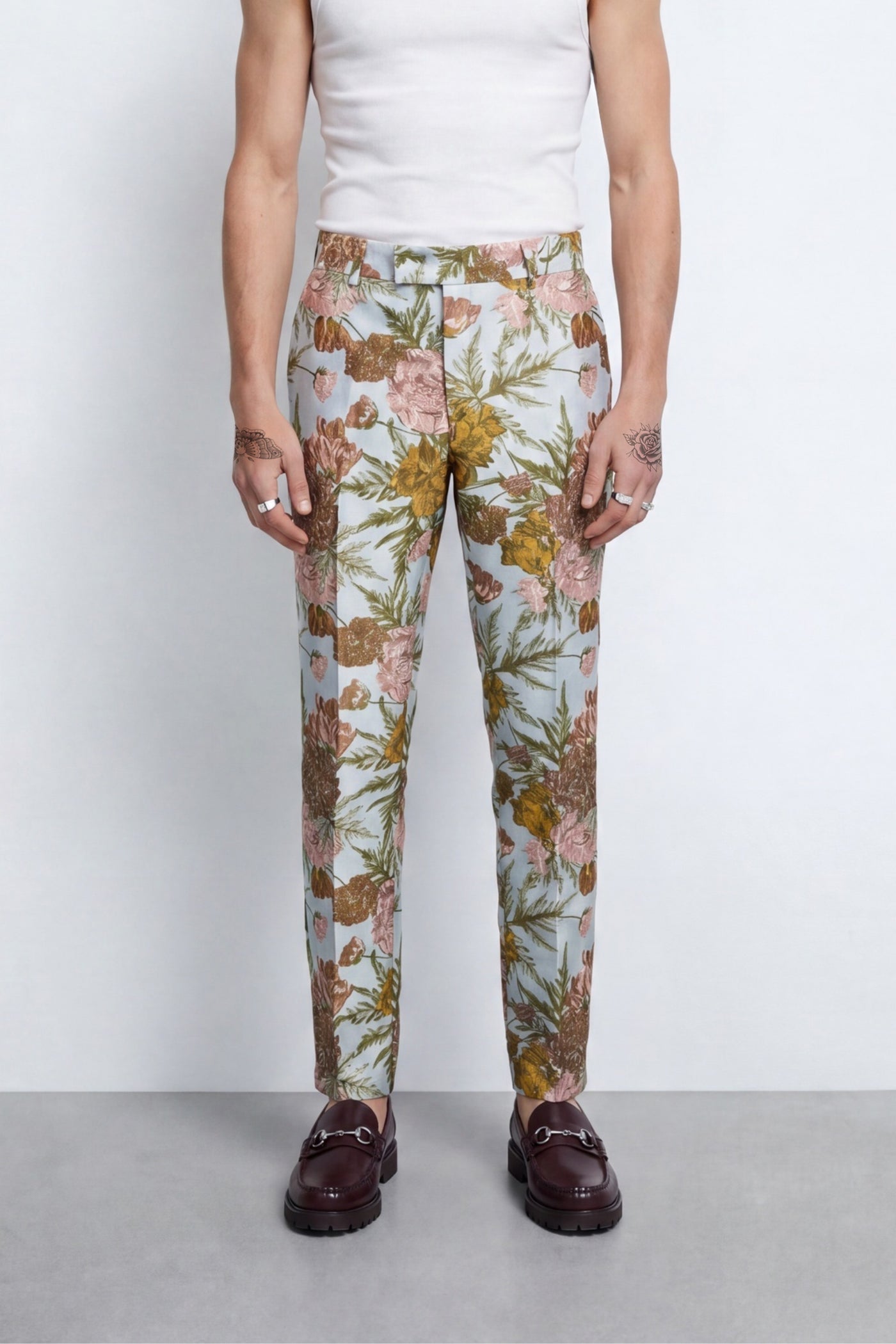 Hirshfield Slim Fit Floral Pink Silver Jacquard Suit