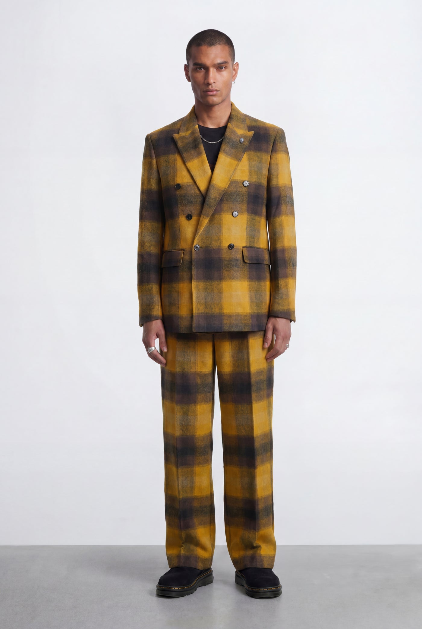 Marty Mustard Check Double Breasted Suit Jacket