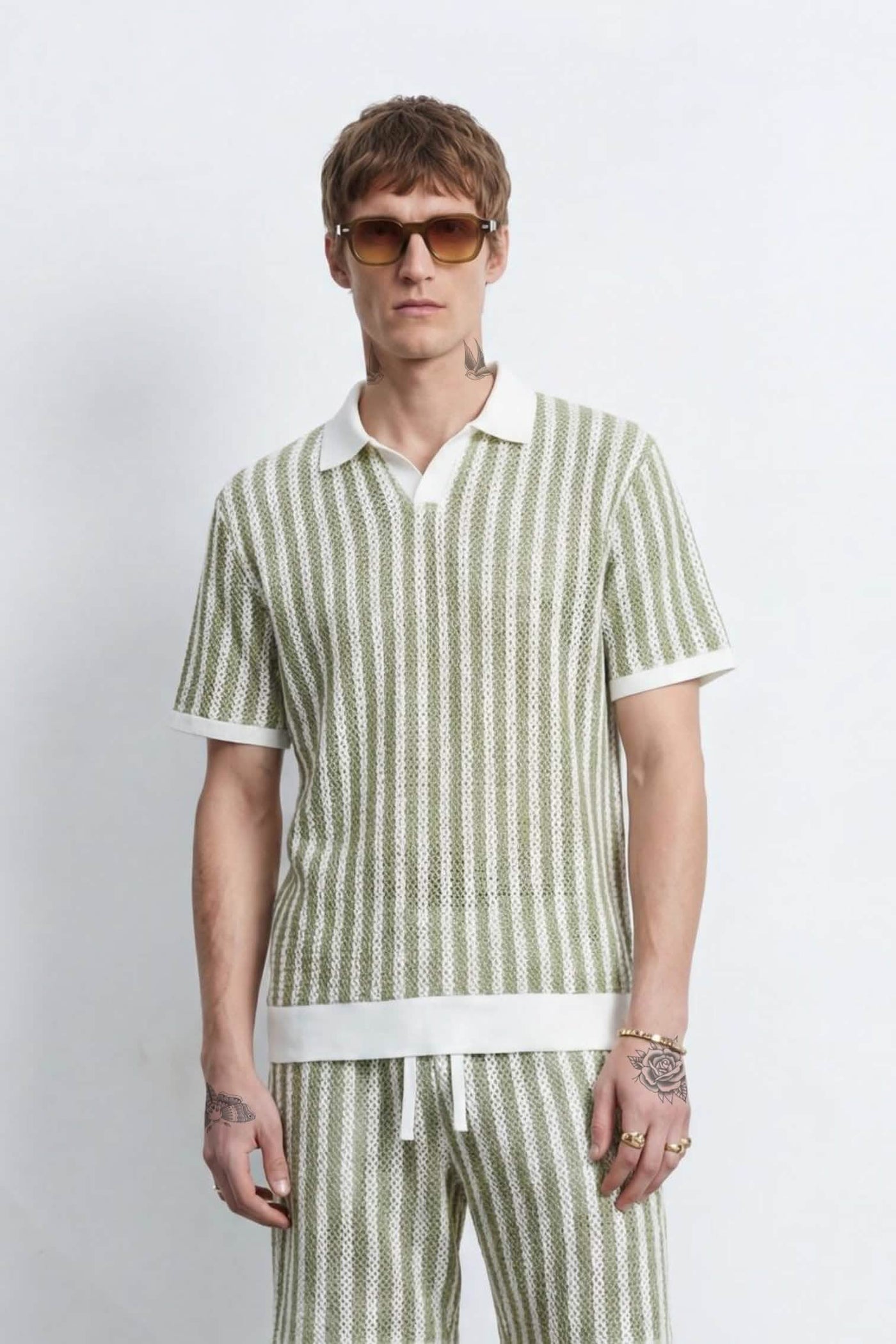 Albie Green & Cream Stripe Cotton Crochet Polo