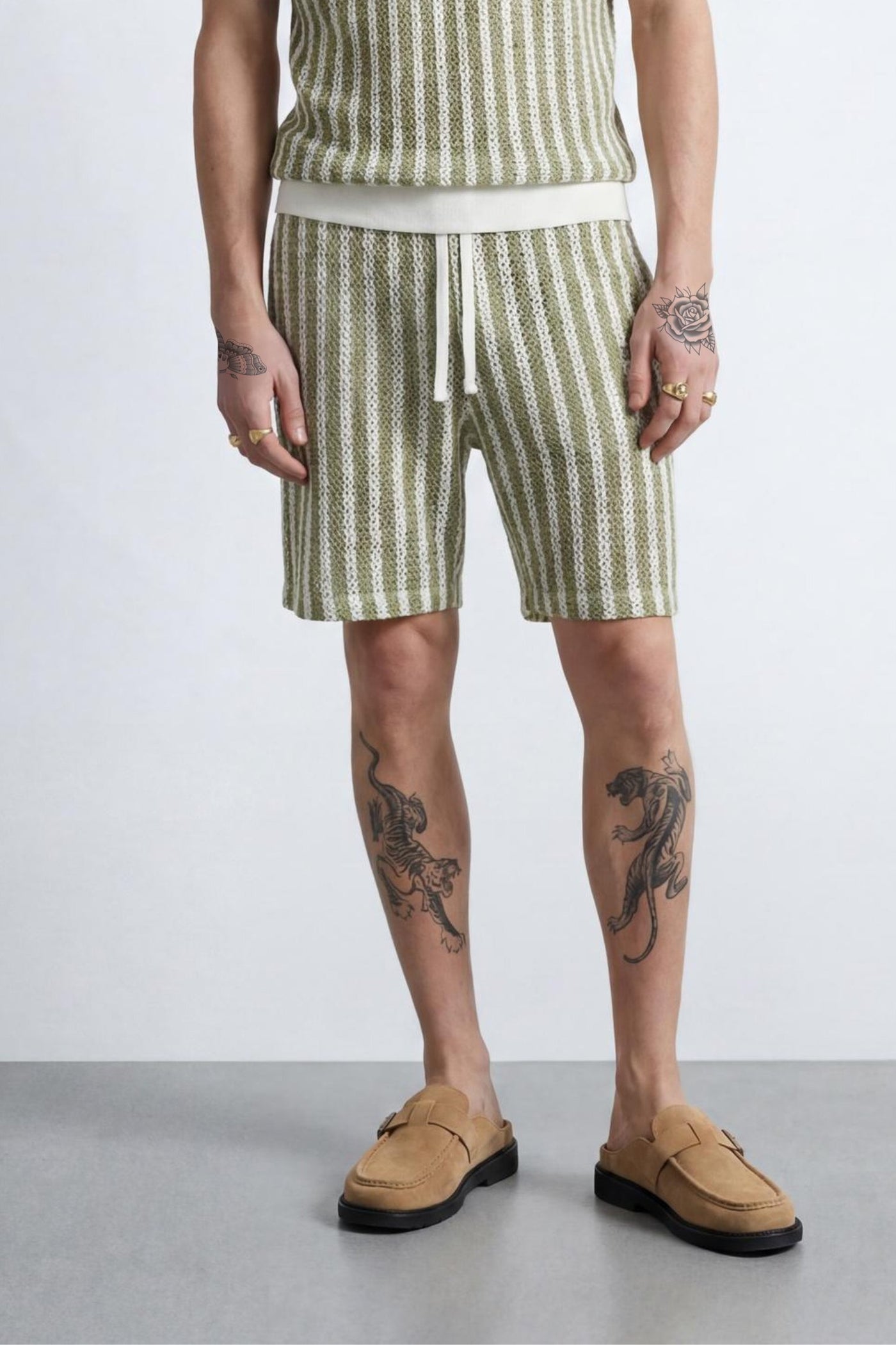 Albie Green & Cream Stripe Cotton Crochet Co-Ord