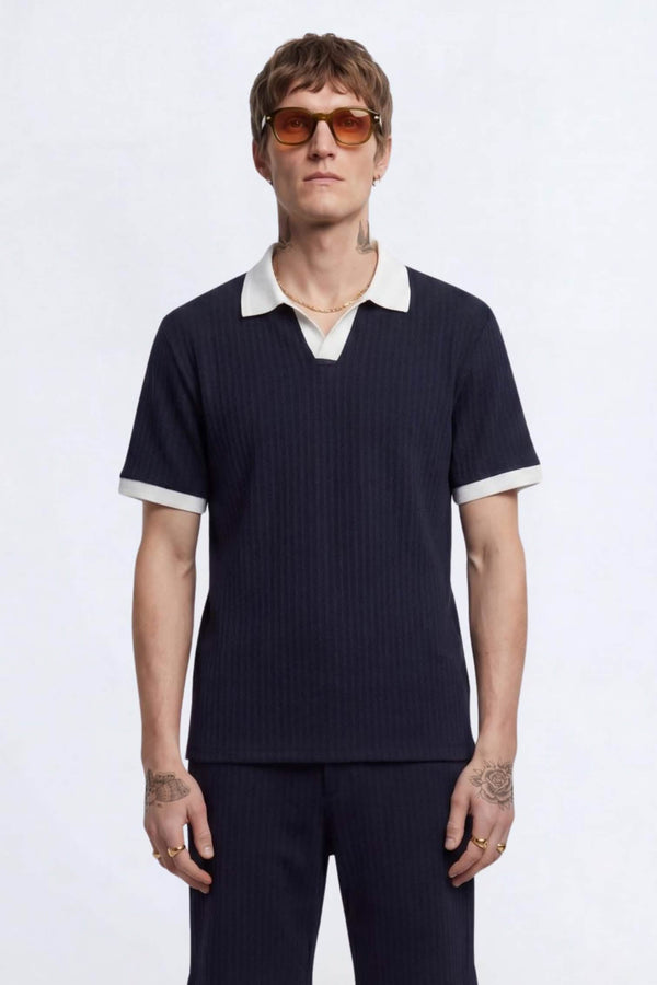 Henry Navy Textured Open Collar Polo