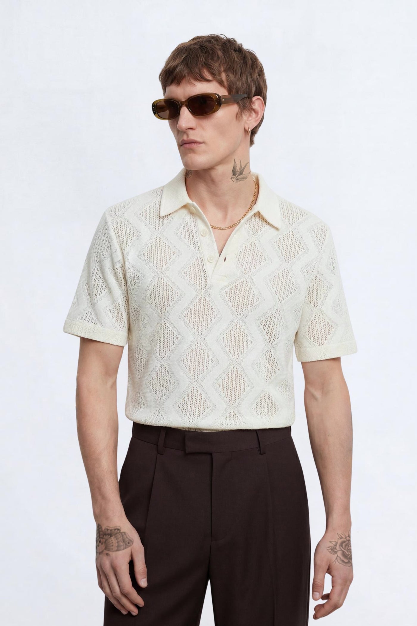 Otis Cream Diamond Cotton Crochet Polo