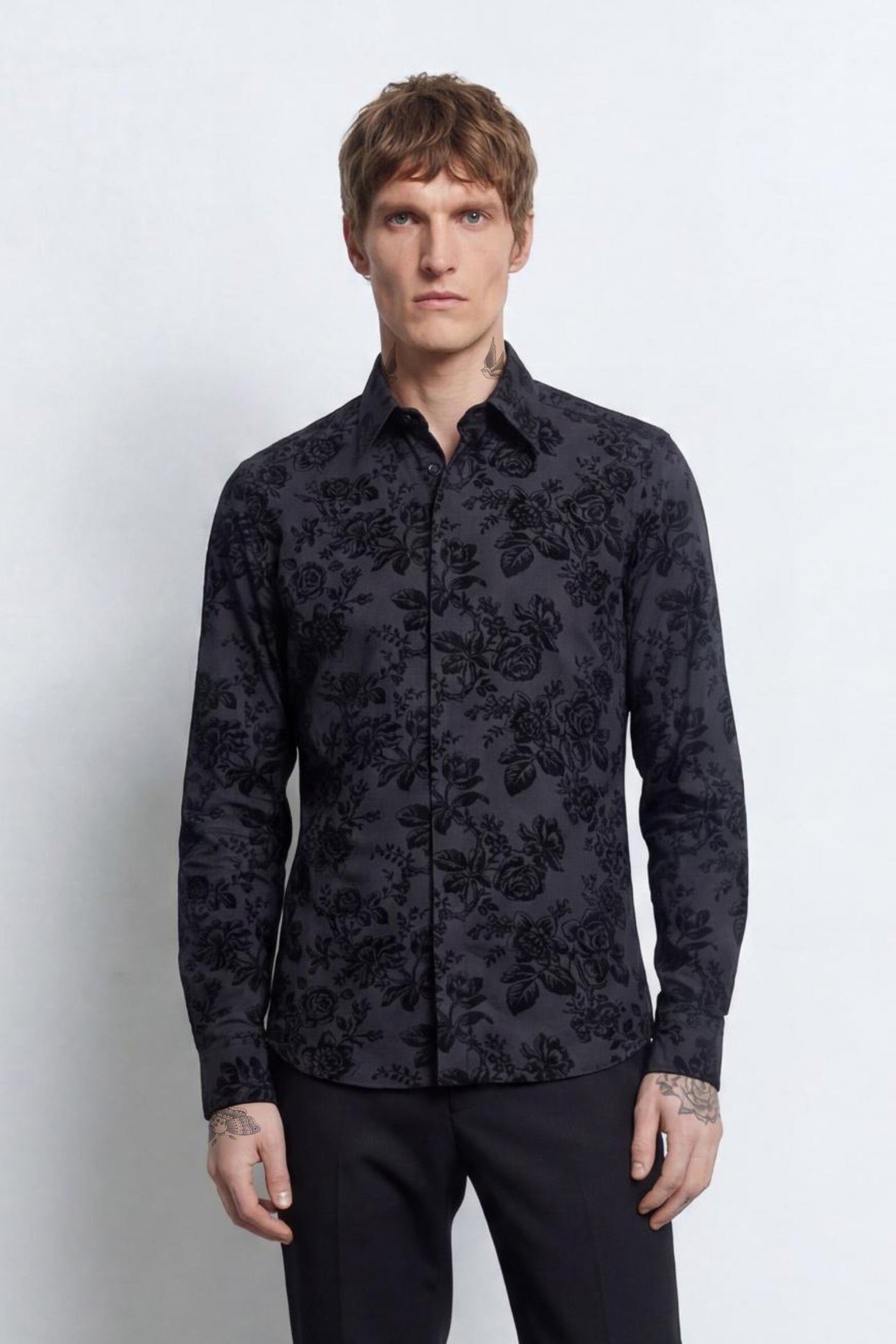Armada Slim Fit Black Floral Flocked Shirt