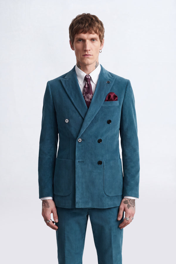 Arlo Slim Fit Blue Corduroy Double Breasted Jacket