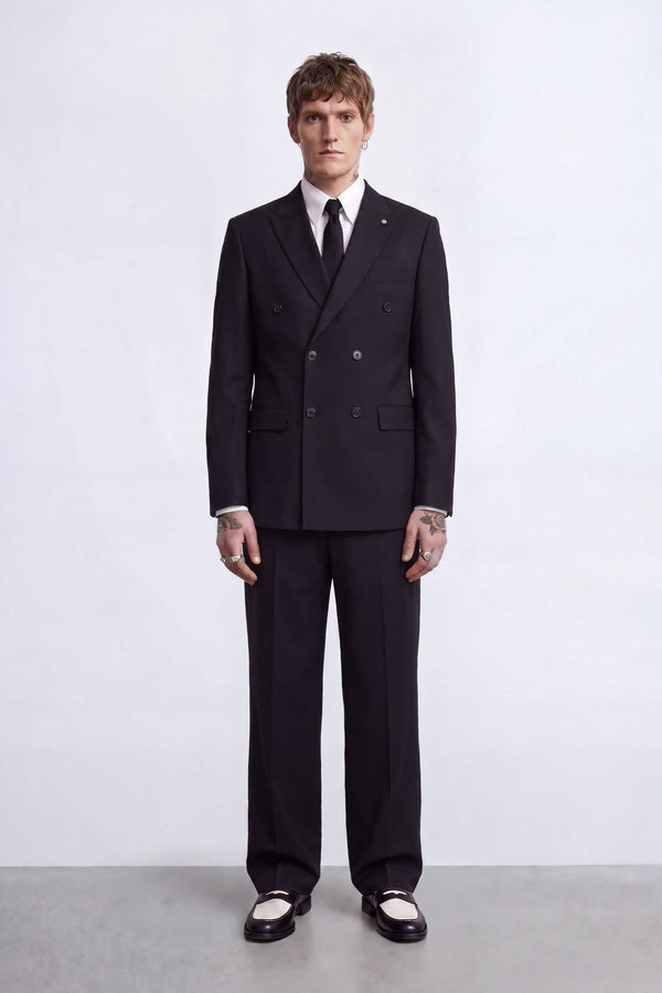 Syrah Relaxed Fit Double Breasted Pinstripe Black Suit