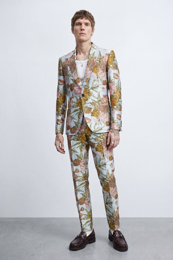 Hirshfield Slim Fit Floral Pink Silver Jacquard Suit