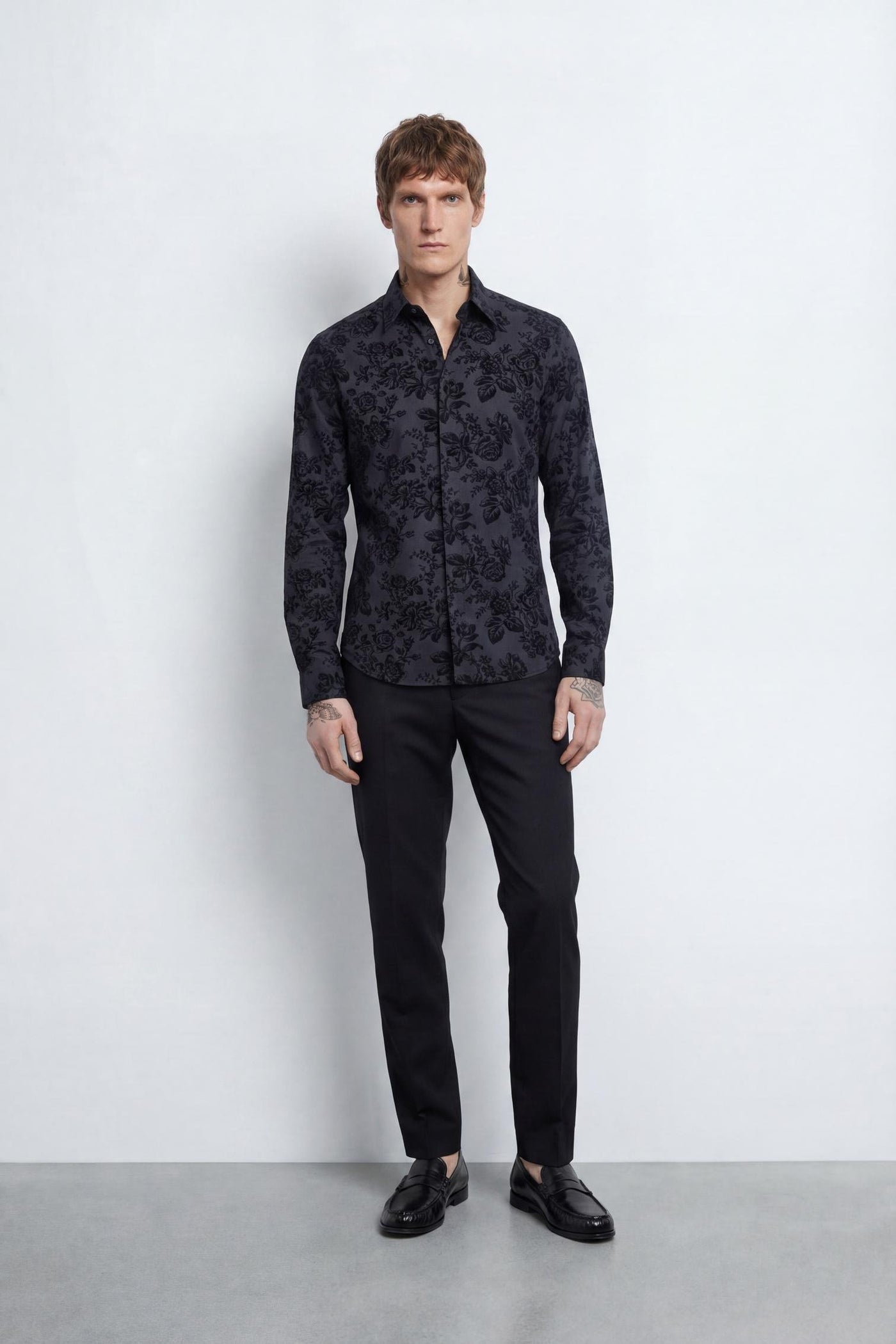 Armada Slim Fit Black Floral Flocked Shirt