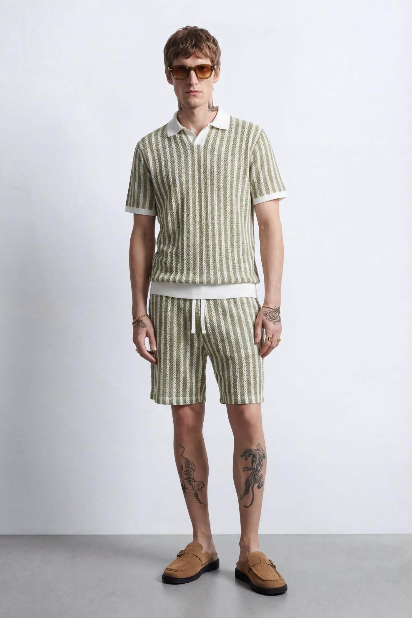 Albie Green & Cream Stripe Cotton Crochet Polo