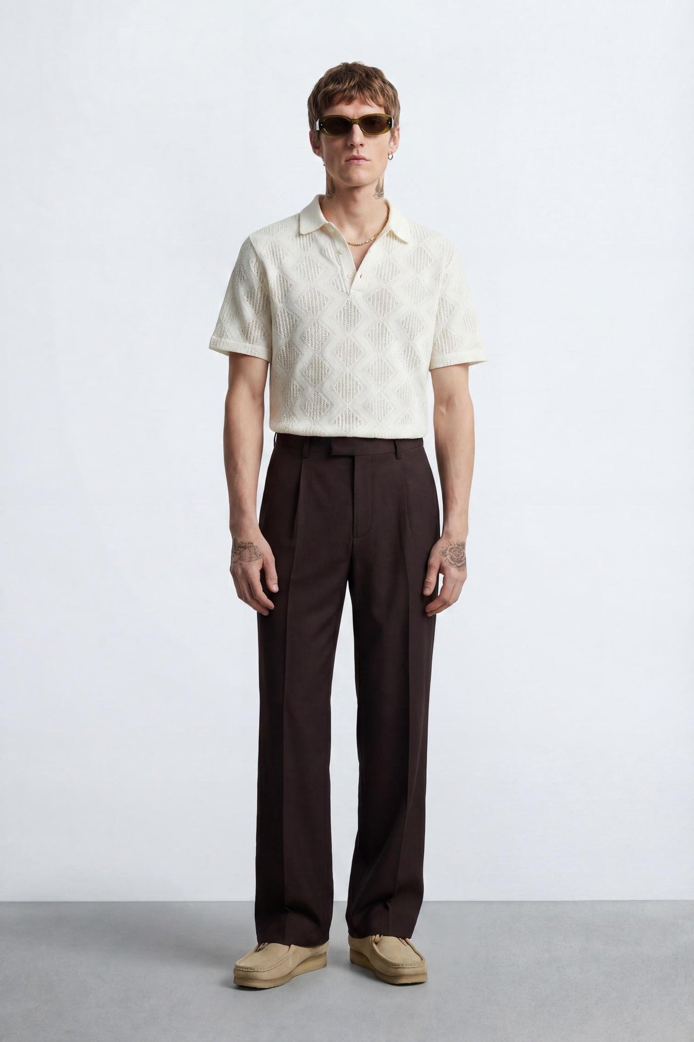 Otis Cream Diamond Cotton Crochet Polo