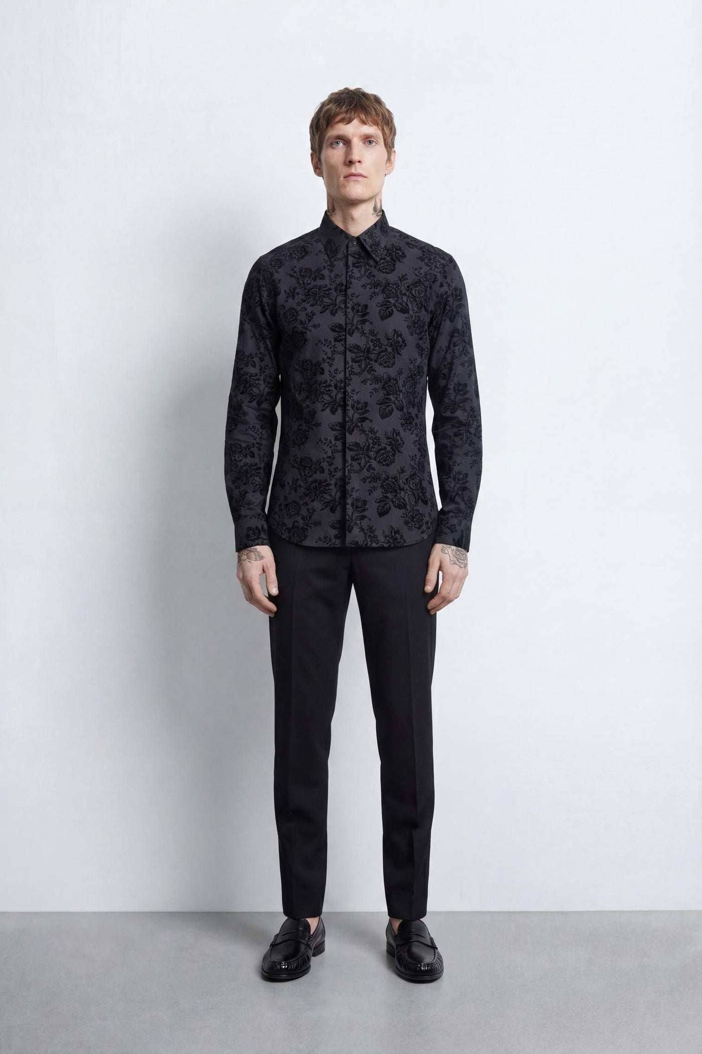 Armada Slim Fit Black Floral Flocked Shirt