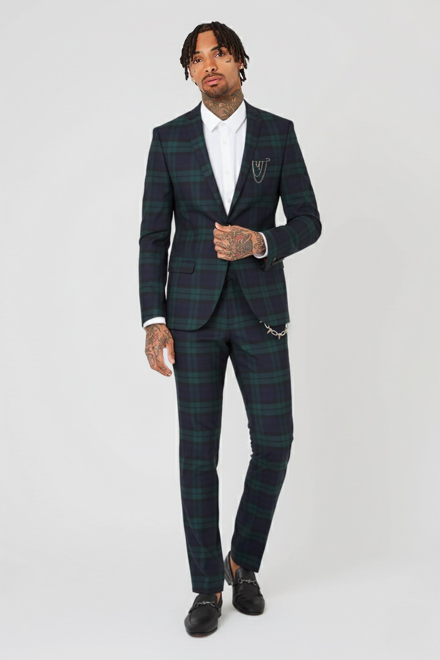 Viscous Skinny Fit Green Tartan Trousers with Chain Detail