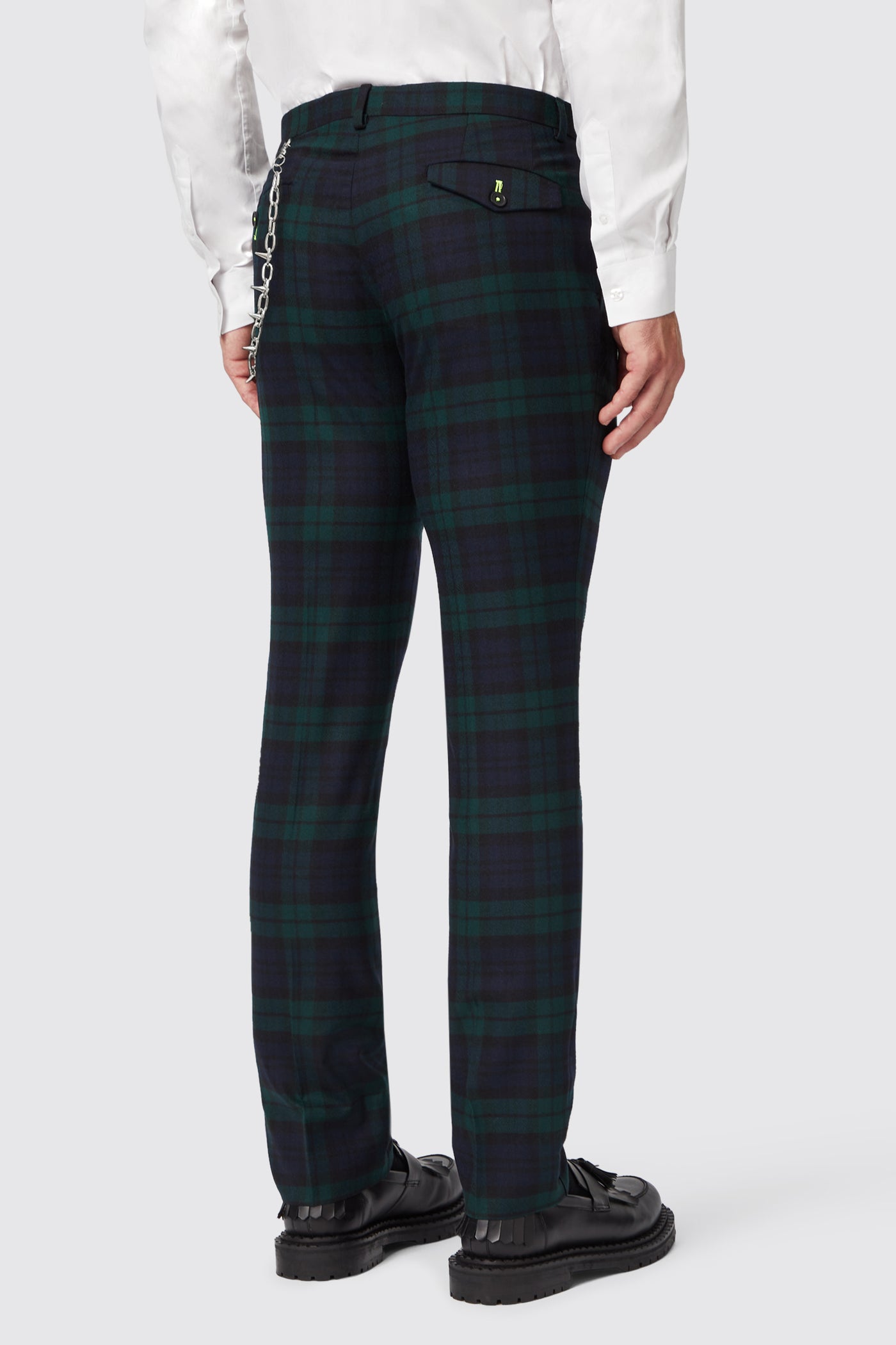 Viscous Skinny Fit Green Tartan Pants with Chain Detail