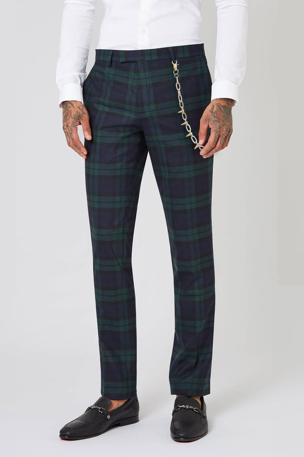 Viscous Skinny Fit Green Tartan Pants with Chain Detail