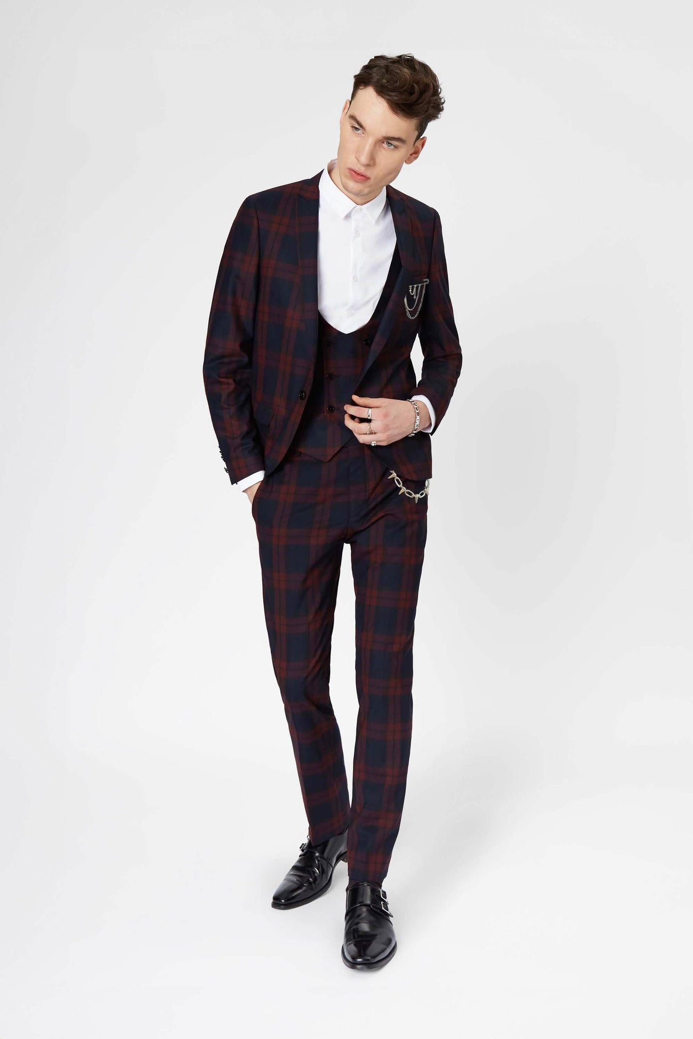 Viscous Skinny Fit Wine Tartan Jacket with Chain Detail