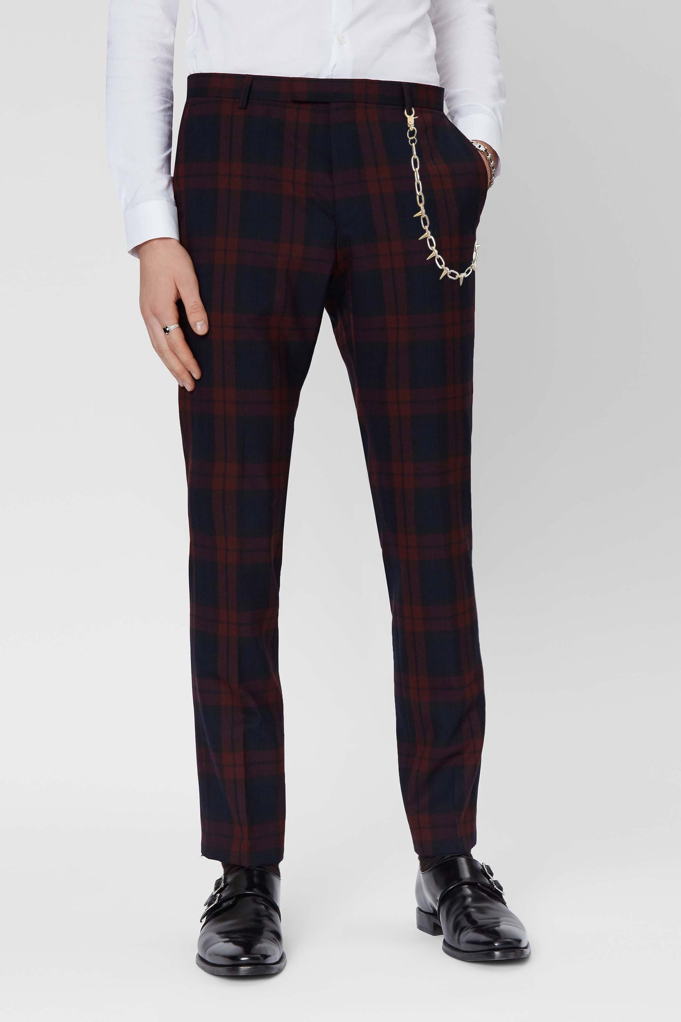 Viscous Skinny Fit Wine Tartan Suit with Chain Detail
