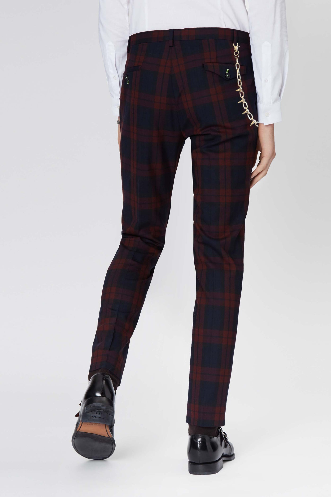 Viscous Skinny Fit Wine Tartan Suit with Chain Detail