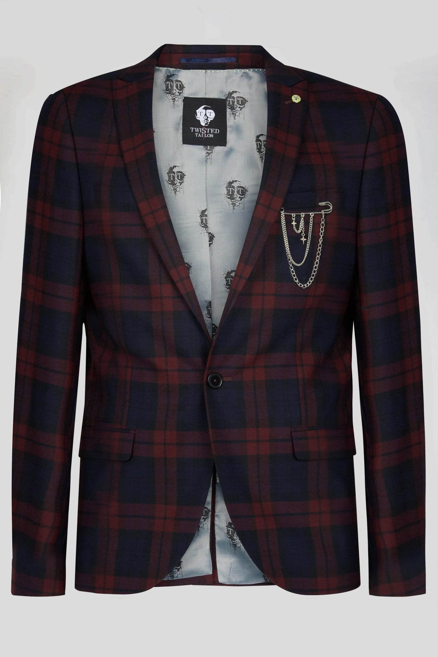 Viscous Skinny Fit Wine Tartan Jacket with Chain Detail