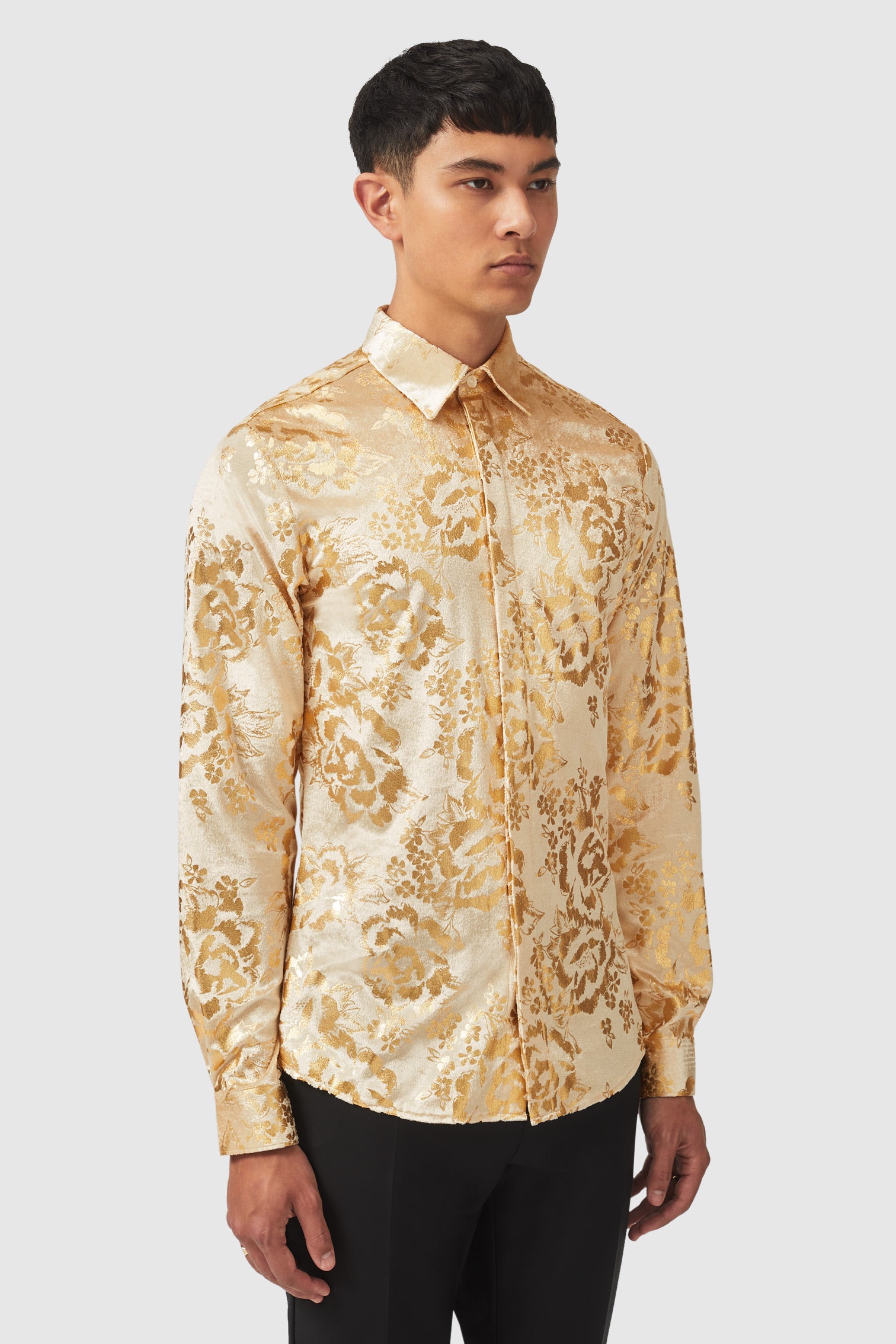 Twisted Tailor Gaines Champagne Velvet Shirt with Floral Print
