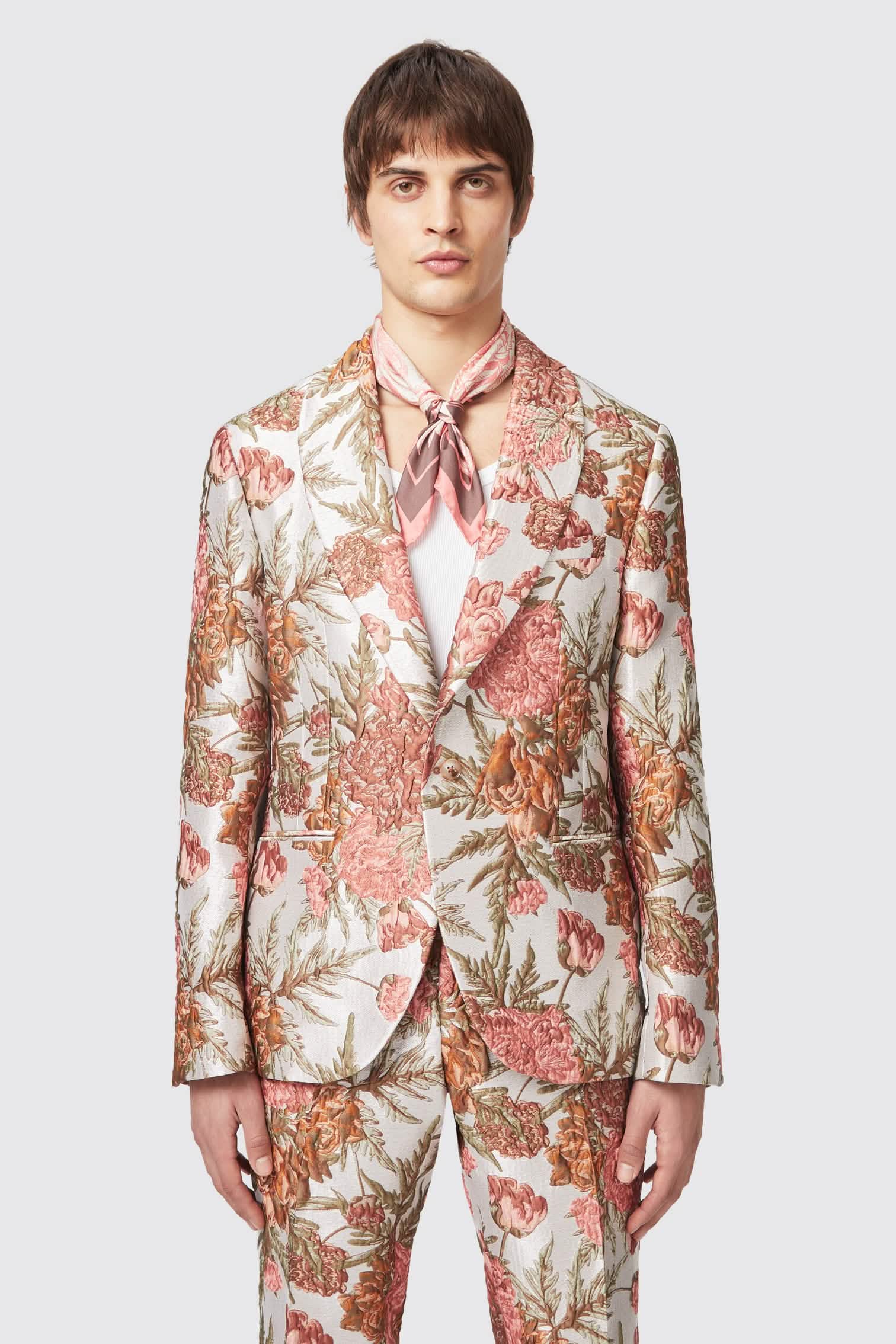 Herenjas met bloemenprint en stropdas jacquardjas, slim fit, pak jas