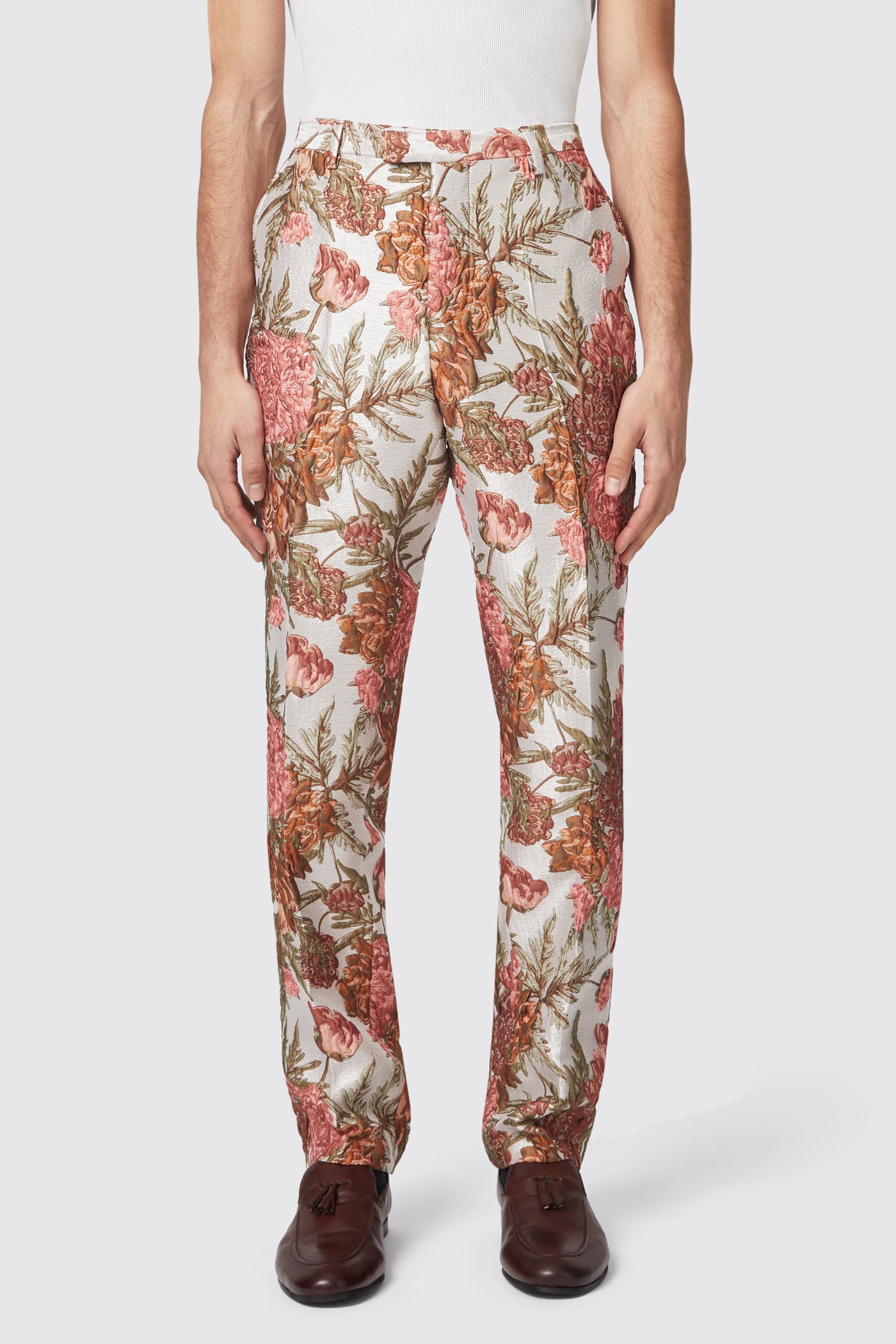Harlow Slim Fit Floral Pink Silver Jacquard Suit