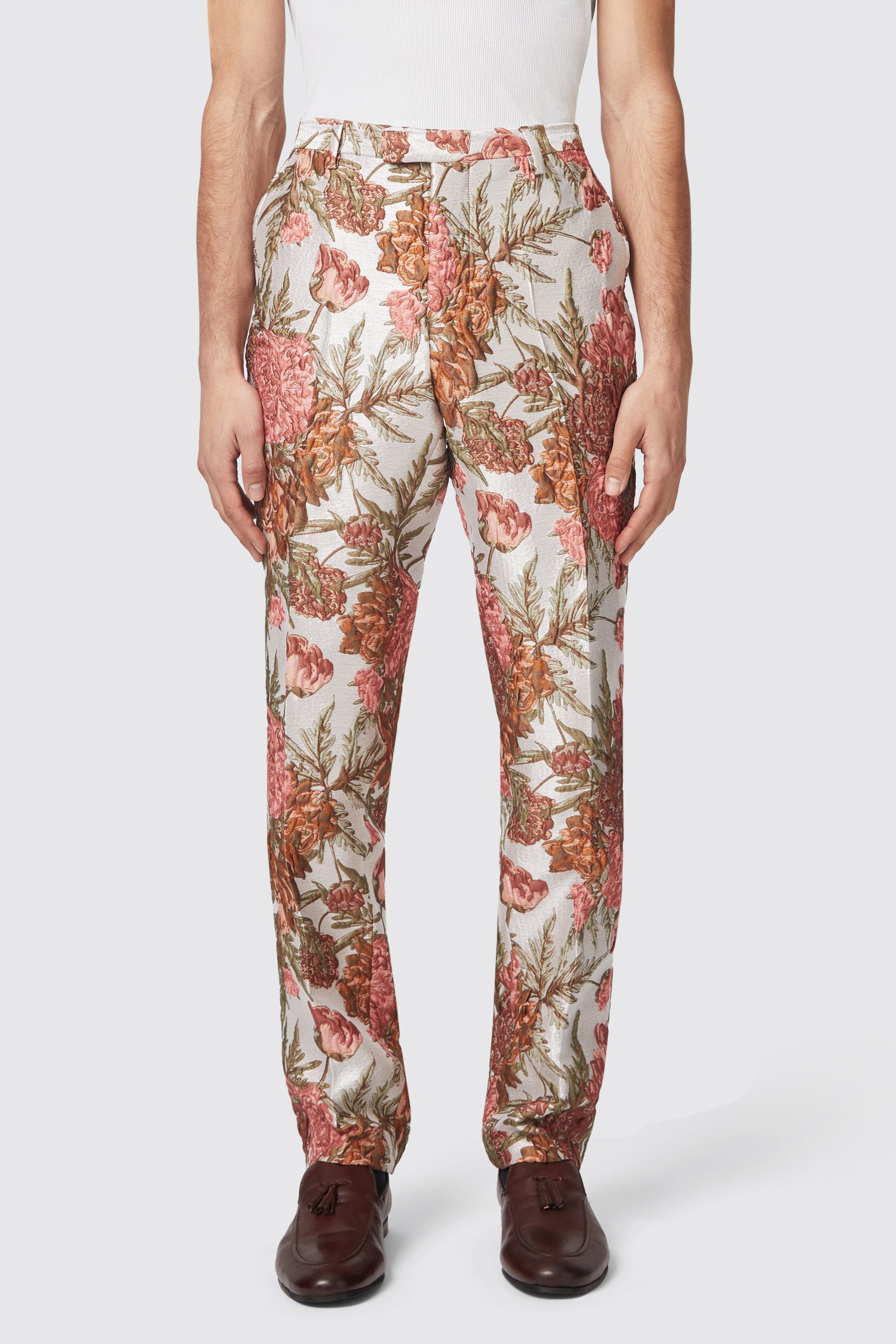Hirshfield Slim Fit Floral Pink Silver Jacquard Trouser