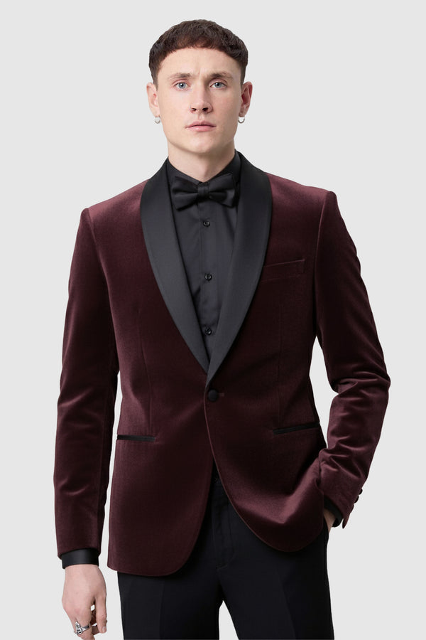 Kipling Slim Fit Burgundy Shawl Velvet Blazer