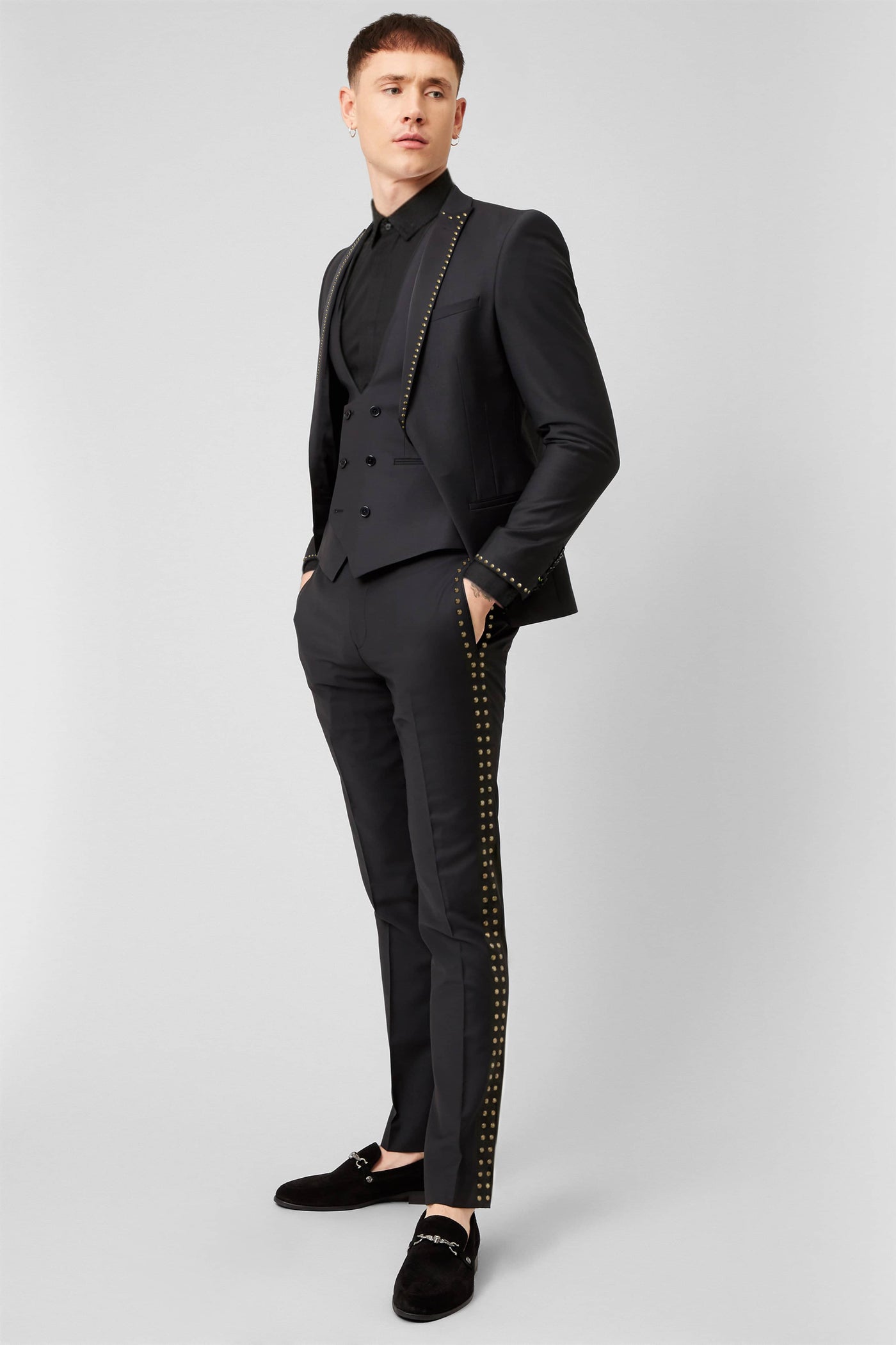 Leaden Skinny Fit Gold Studded Black Dinner Trousers