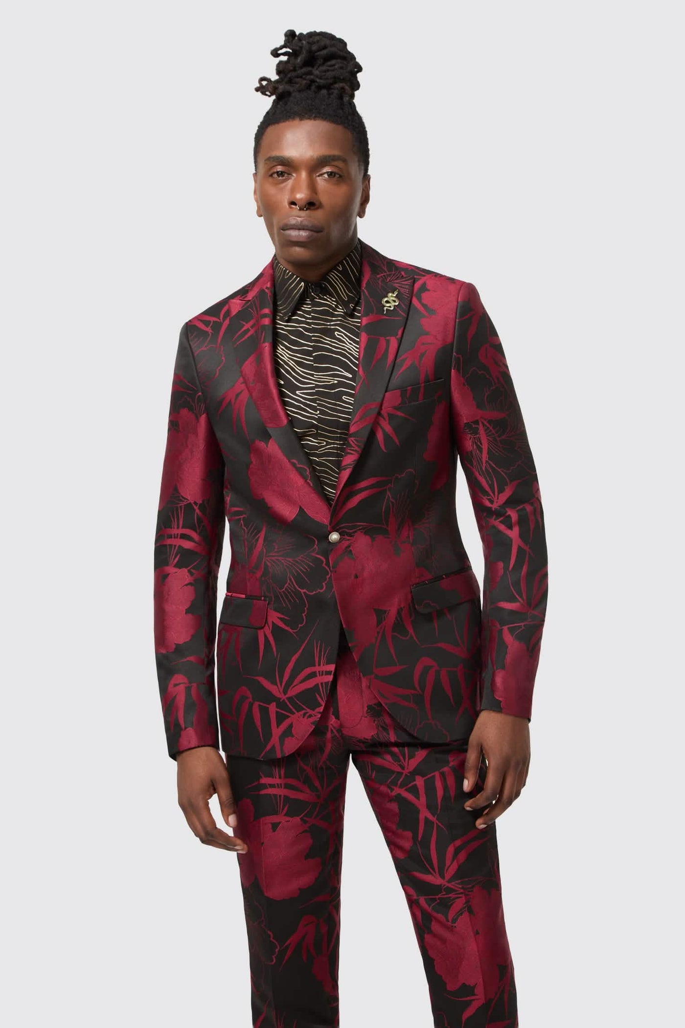 Ramos Slim Fit  Red Floral Jacquard Suit Jacket With Gold Detailing