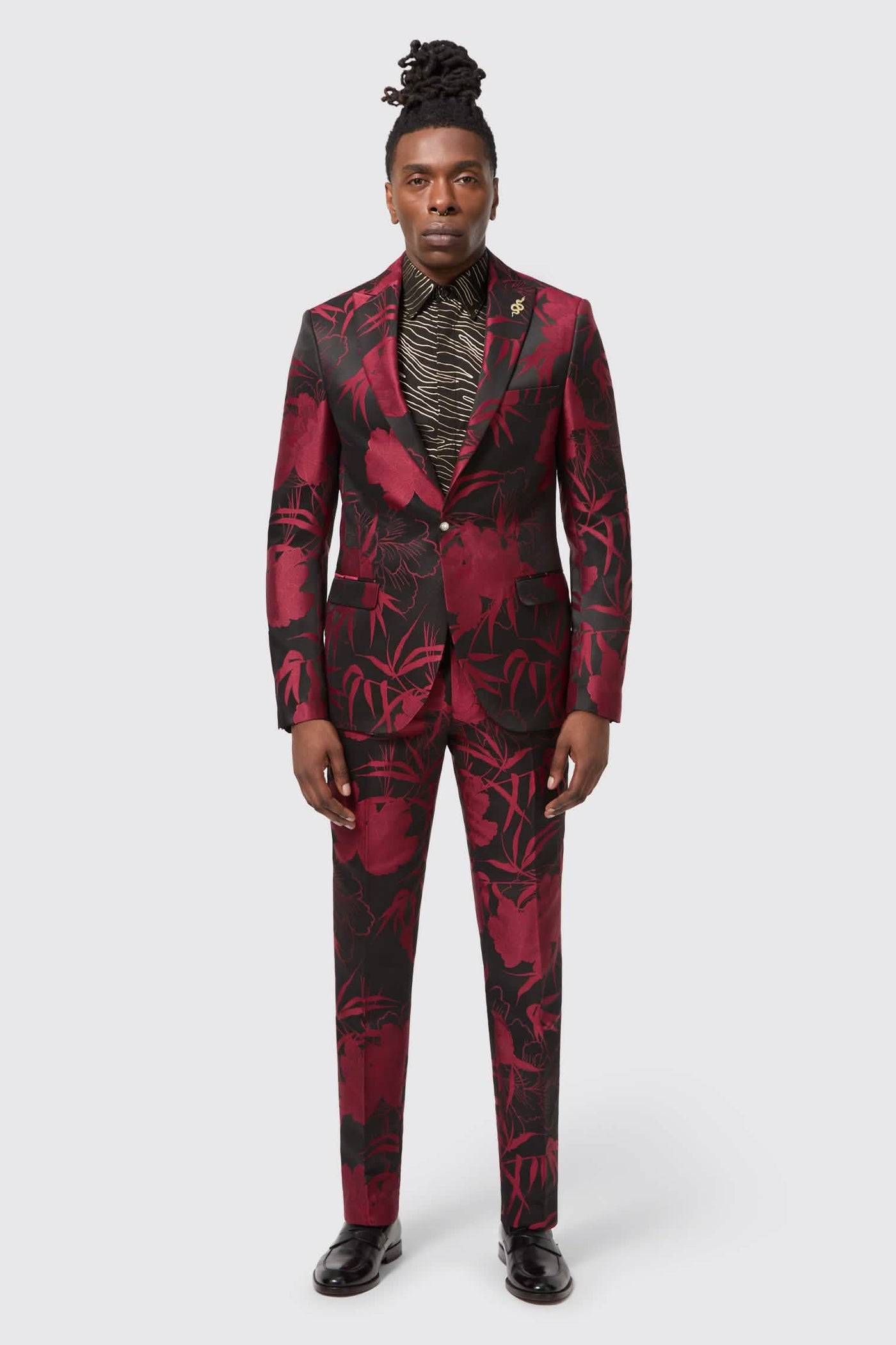 Ramos Slim Fit  Red Floral Jacquard Suit Jacket With Gold Detailing