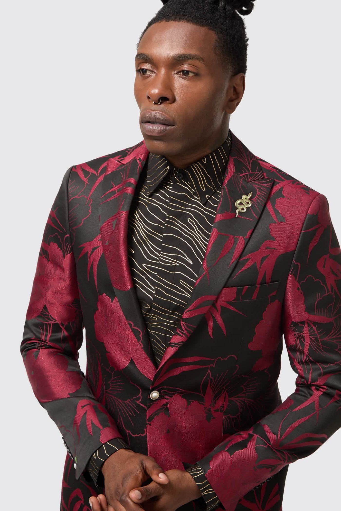Ramos Slim Fit  Red Floral Jacquard Suit Jacket With Gold Detailing