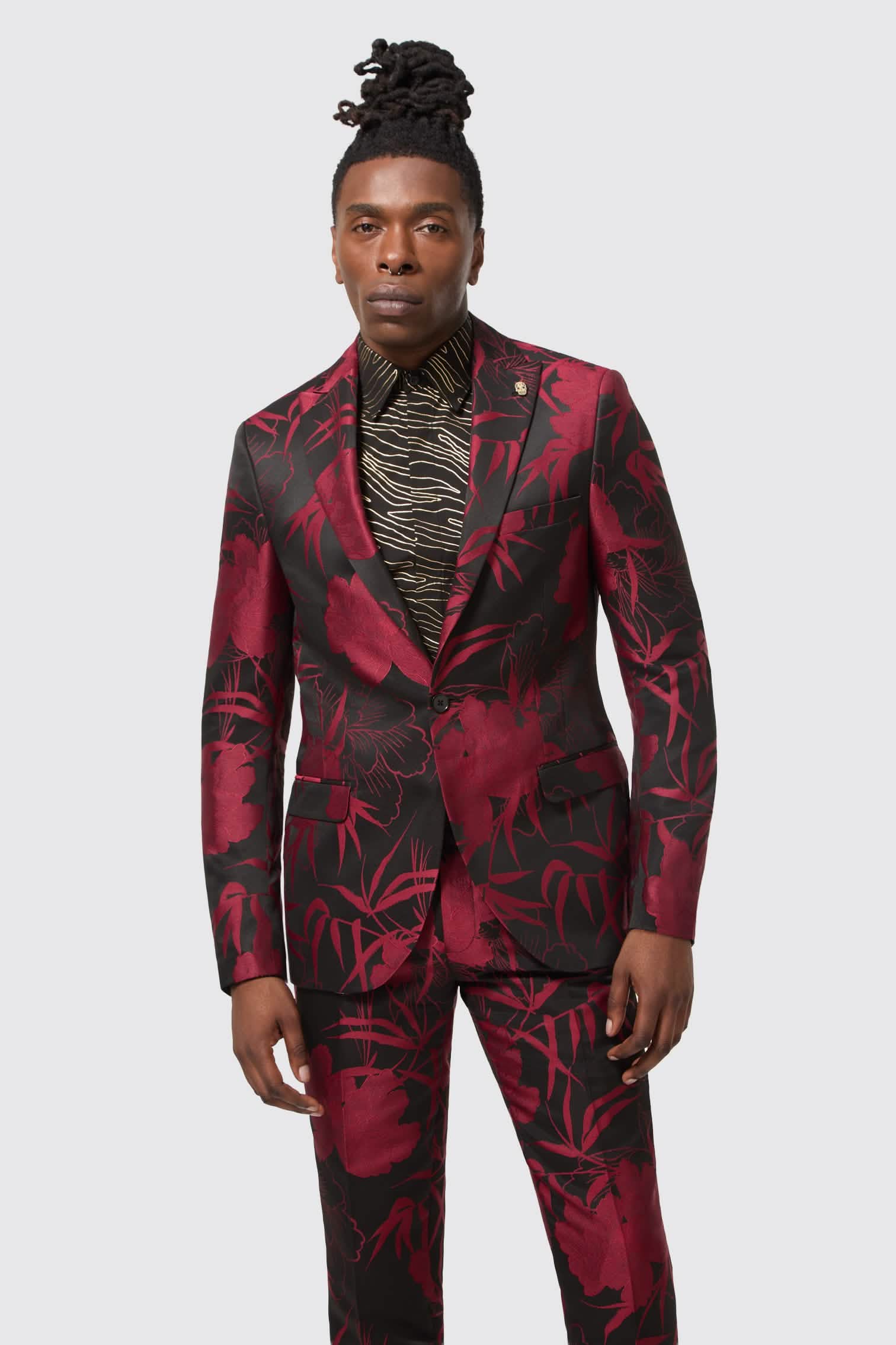 Ramone Slim Fit Red Floral Jacquard Suit Jacket