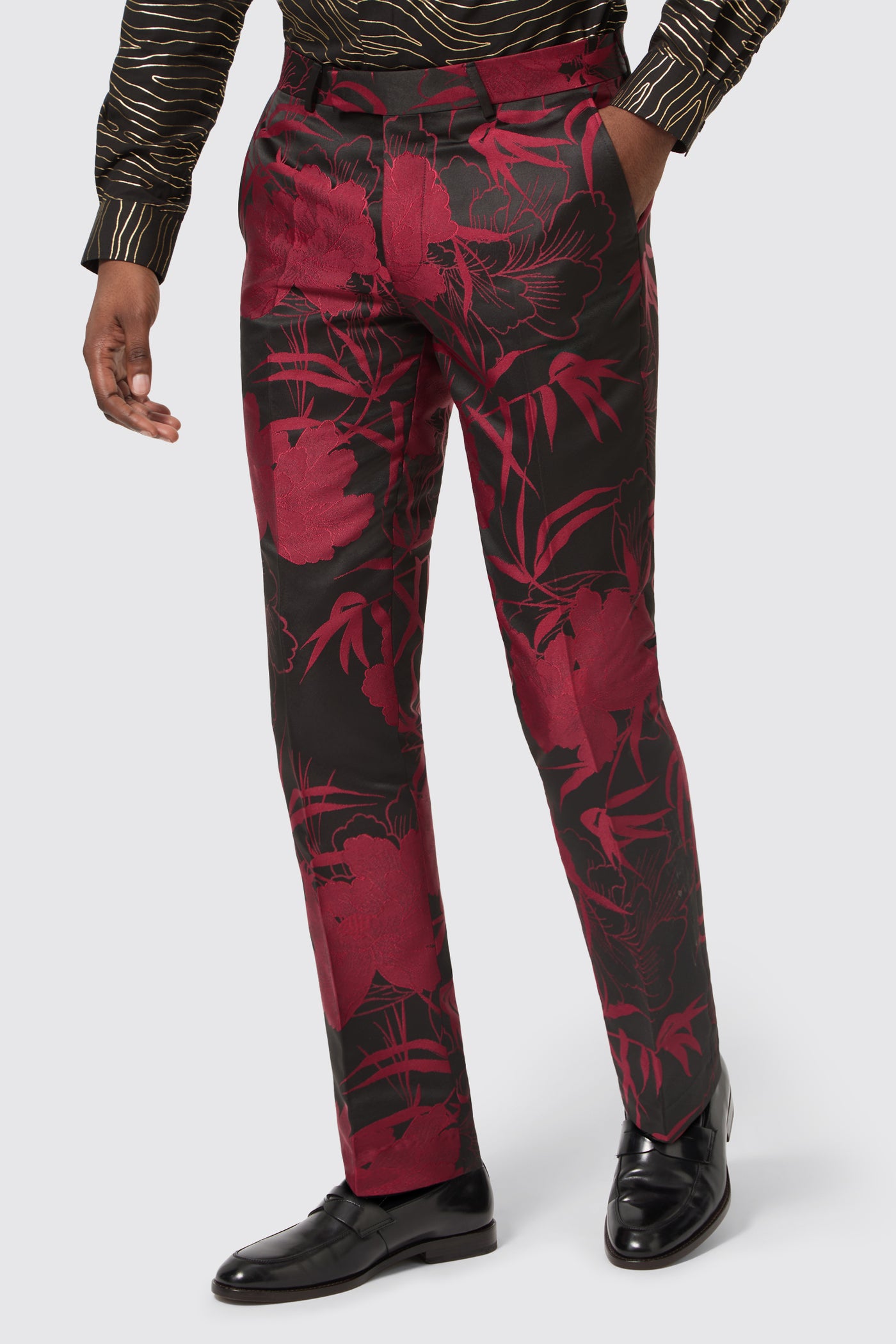 Ramos Slim Fit Red Floral Jacquard Trouser
