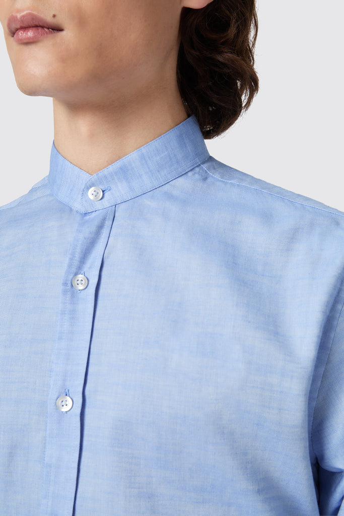 saunders-slim-fit-grandad-collar-blue-linen-shirt