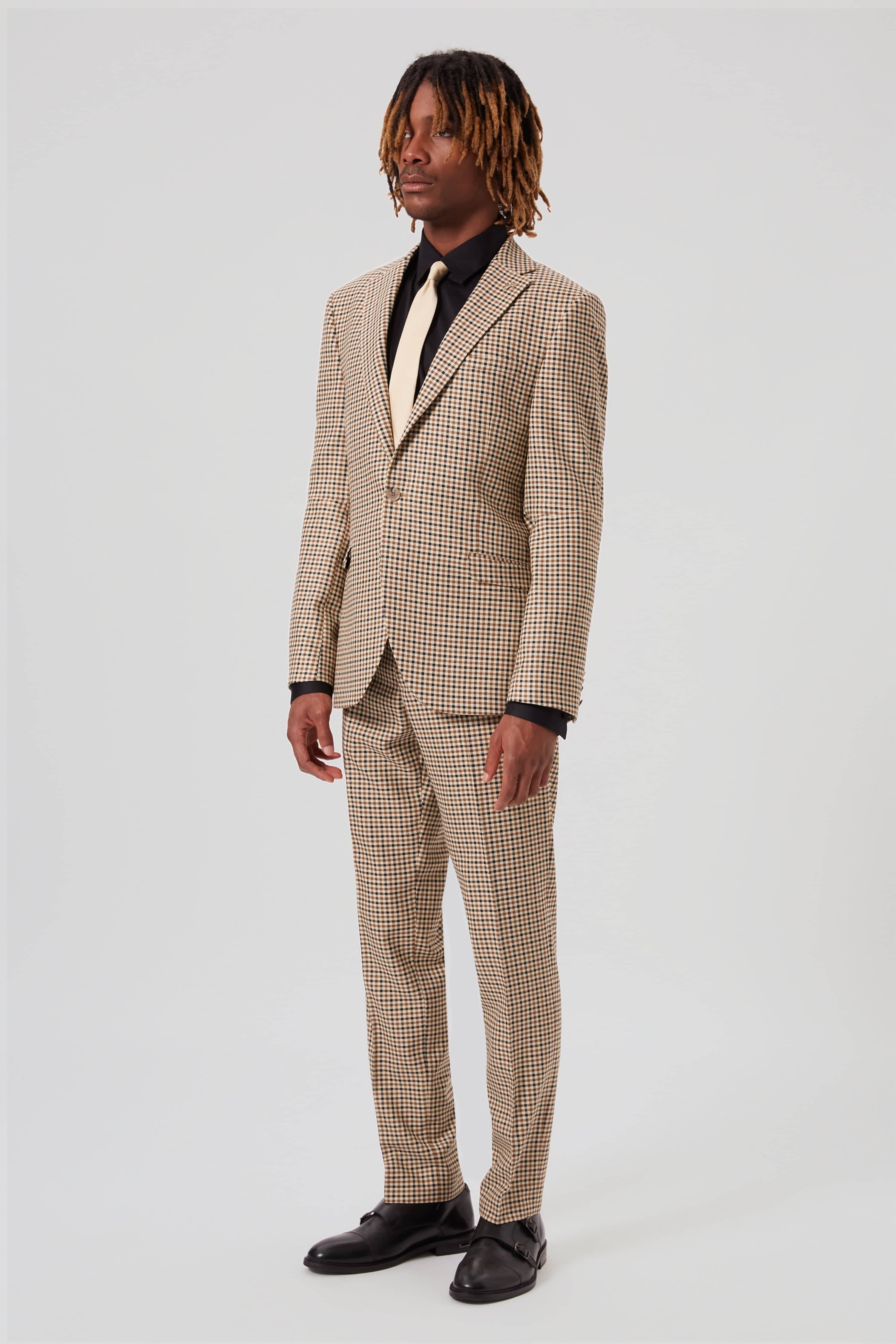 メンズウェア BELLMORE EMBLEM CHECK PANTS - BEIGE Blythe Slim Fit Beige Check Pants — Twisted Tailor
