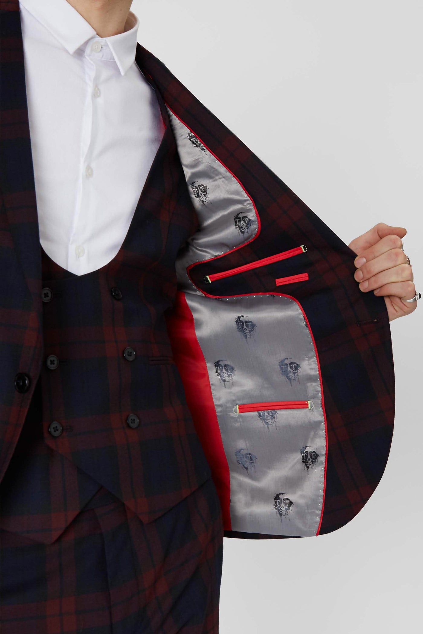 Viscous Skinny Fit Wine Tartan Jacket with Chain Detail