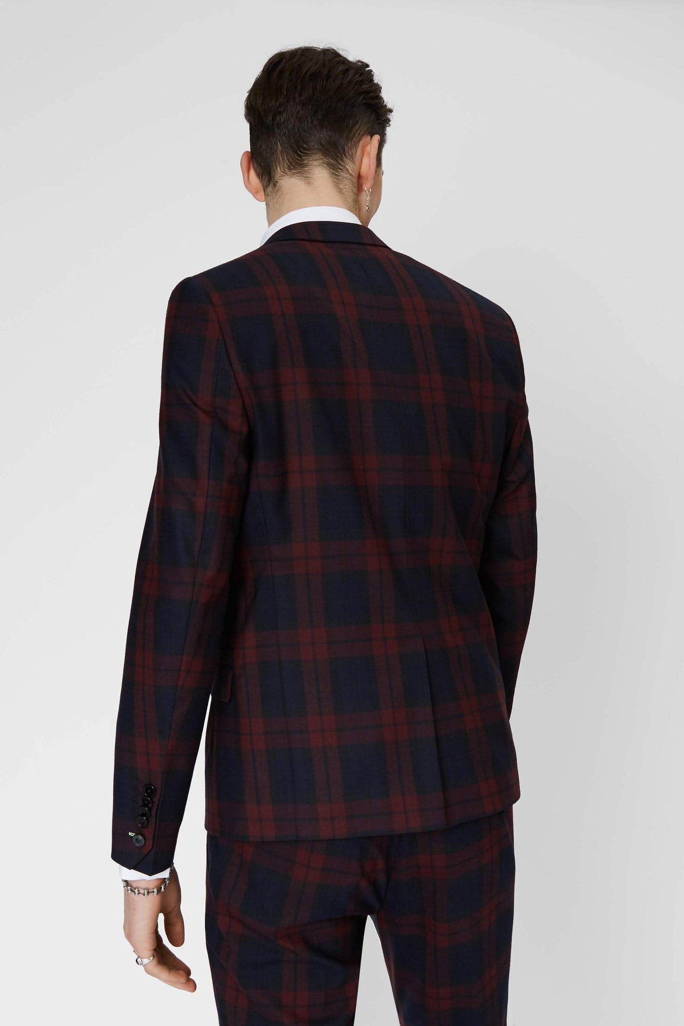 Viscous Skinny Fit Wine Tartan Jacket with Chain Detail