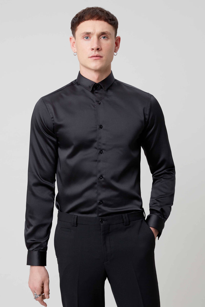 Slinky Slim Fit Black Sateen Shirt – Twisted Tailor