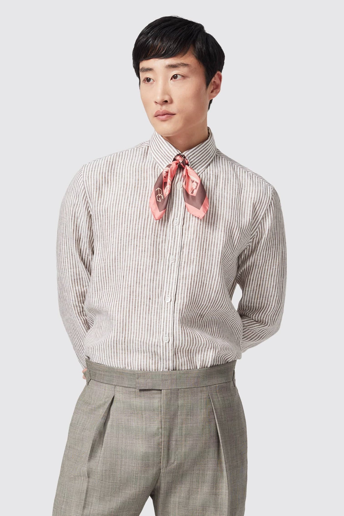 Jermyn Point Collar Button Down Brown Stripe Linen Shirt - ARCHIVE