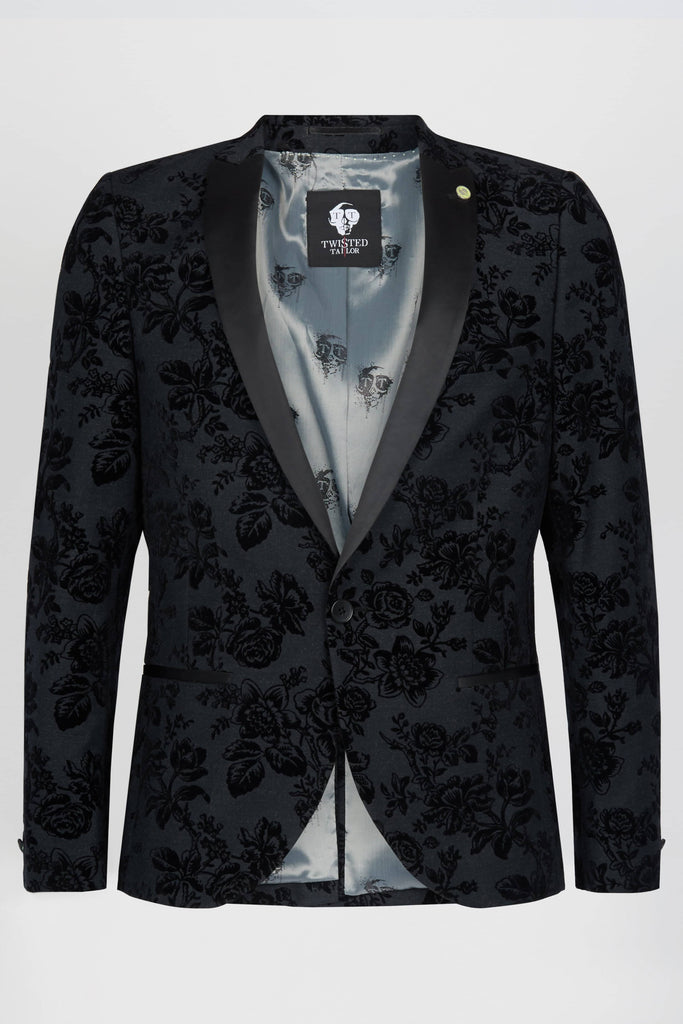 Twisted Tailor Belsize Floral Skinny Fit Tuxedo Jacket Black