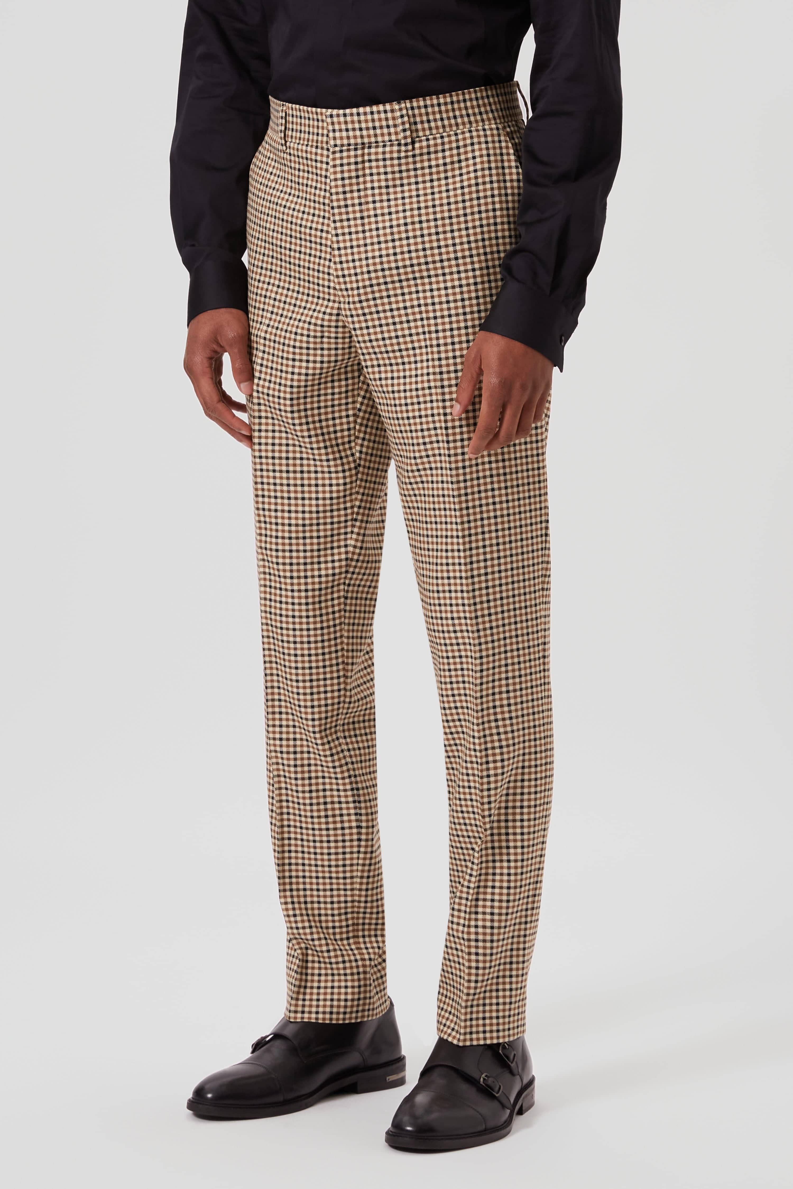 Blythe Slim Fit Beige Check Pants — Twisted Tailor