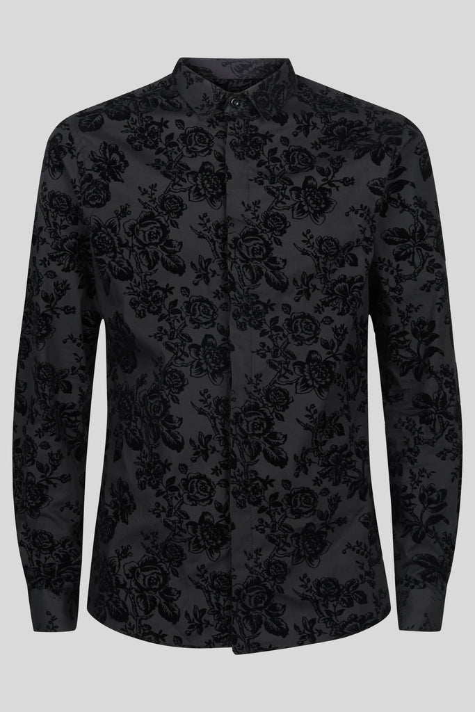 Twisted Tailor Armada Black Skinny Fit Shirt with Floral Flocking