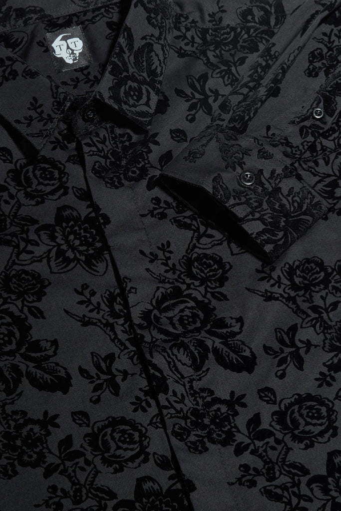 Twisted Tailor Armada Black Skinny Fit Shirt with Floral Flocking