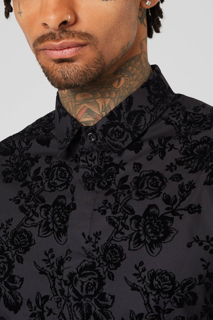 Twisted Tailor Armada Black Skinny Fit Shirt with Floral Flocking