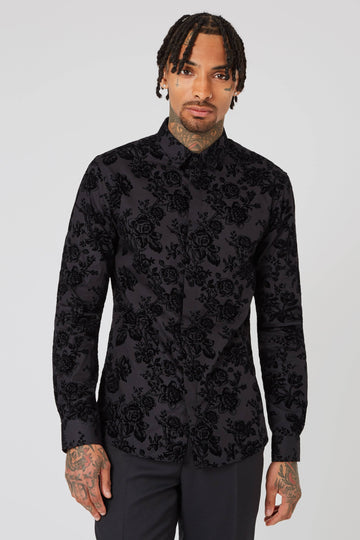 Twisted Tailor Armada Black Skinny Fit Shirt with Floral Flocking