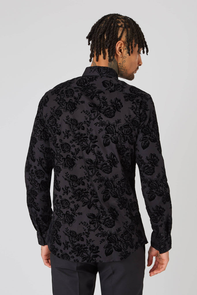 Twisted Tailor Armada Black Skinny Fit Shirt with Floral Flocking