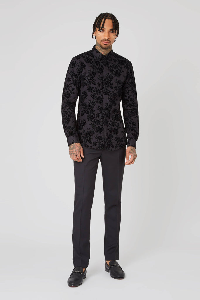 Twisted Tailor Armada Black Skinny Fit Shirt with Floral Flocking