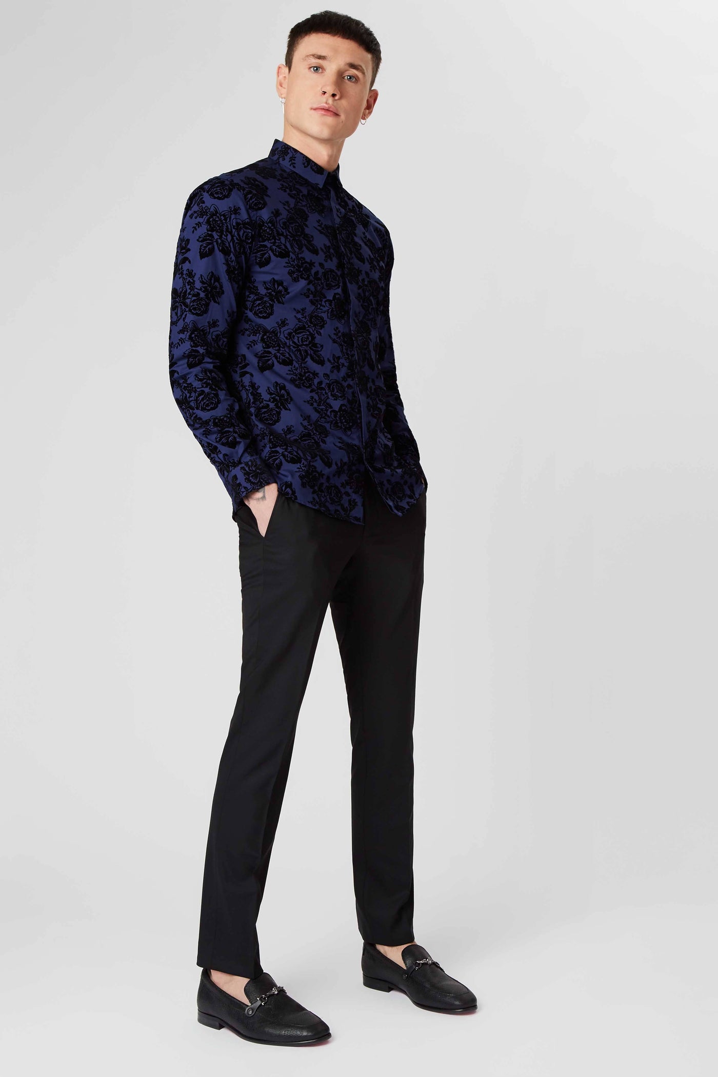 Armada Blue Skinny Fit Shirt With Floral Flock