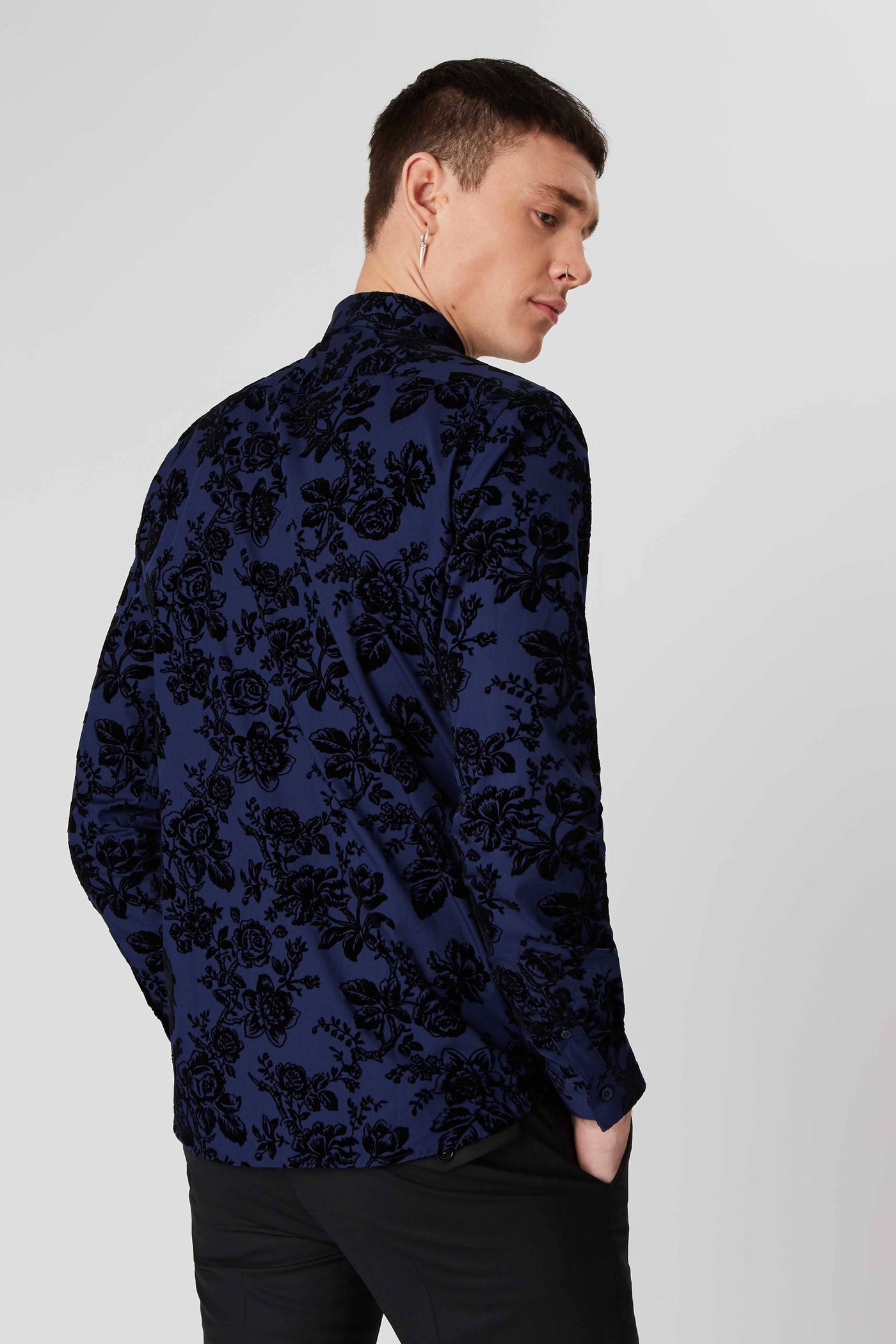 Armada Blue Skinny Fit Shirt With Floral Flock