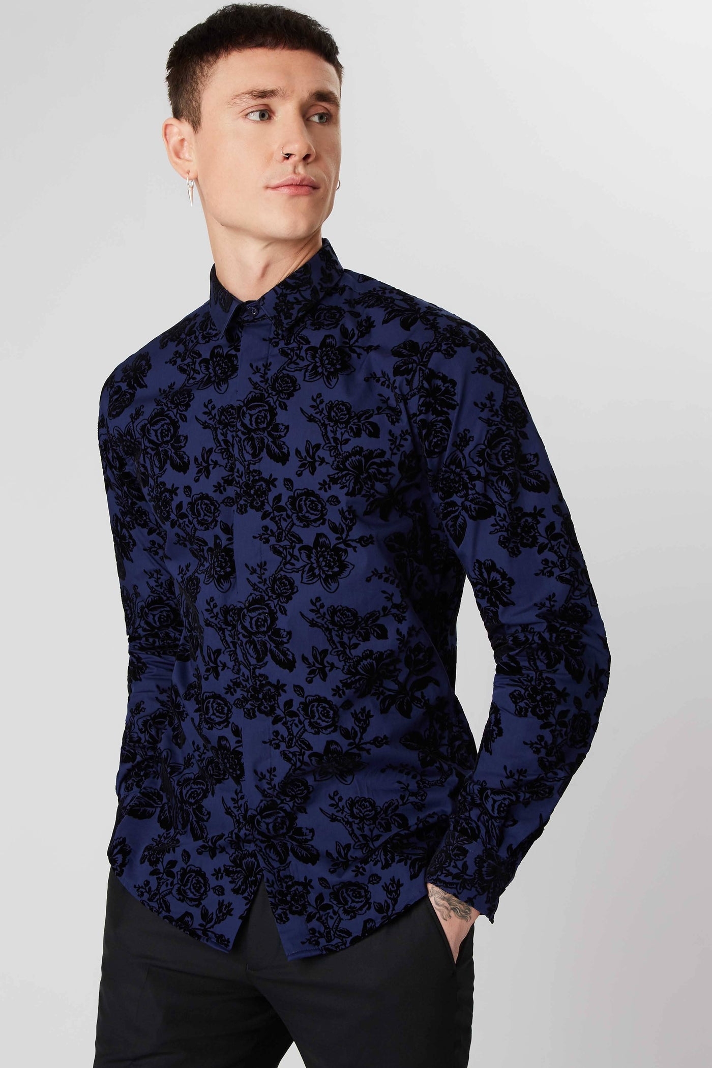 Armada Blue Skinny Fit Shirt With Floral Flock